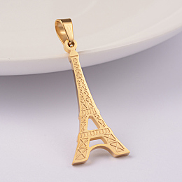 Honeyhandy Ion Plating(IP) 304 Stainless Steel Pendants, Eiffel Tower, Golden, 33x15x2mm, Hole: 6x4mm