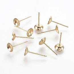 Honeyhandy 304 Stainless Steel Stud Earring Settings, Real 18k Gold Plated, Tray: 5mm, 12.5x6mm, Pin: 0.8mm