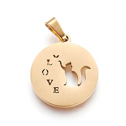 Honeyhandy 304 Stainless Steel Kitten Pendants, Flat Round with Cat & Word Love Shape, Golden, 19~20x16~17x1.5mm, Hole: 5x2.5mm