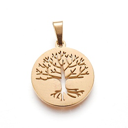 Honeyhandy 304 Stainless Steel Pendants, Flat Round with Tree, Golden, 19~20x16~17x1.5mm, Hole: 5x2.5mm