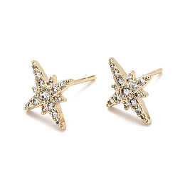 Clear Cubic Zirconia Star Stud Earrings, Brass Jewelry for Women, Cadmium Free & Nickel Free & Lead Free, Real 18K Gold Plated, 12x10mm, Pin: 0.7mm