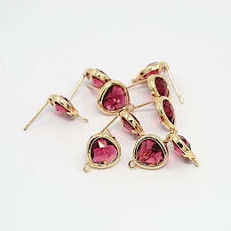 Honeyhandy Real 18K Gold Plated Tone Brass Glass Stud Earring Findings, with Loop, Faceted Triangle, Cerise, 13x11x4.5mm, Hole: 1mm, Pin: 0.6mm