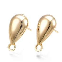 Honeyhandy Brass Stud Earring Findings, with Loop, Teardrop, Nickel Free, Real 18K Gold Plated, 17x8.5mm, Hole: 1.8mm, Pin: 0.8mm