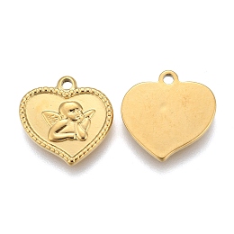 Honeyhandy 304 Stainless Steel Angel Pendants, Heart with Cupid/Cherub, Golden, 15x15x2mm, Hole: 1.6mm