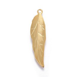 Honeyhandy 201 Stainless Steel Pendants, Leaf, Real 24K Gold Plated, 38x9.5x1.5mm, Hole: 1.8mm