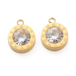 Honeyhandy 304 Stainless Steel Rhinestone Charms, Flat Round with Roman Numerals, Crystal, Golden, 14x11x4.5mm, Hole: 1.8mm