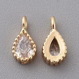 Honeyhandy Brass Cubic Zirconia Charms, Teardrop, Real 18K Gold Plated, Clear, Nickel Free, 8x4x2mm, Hole: 1mm