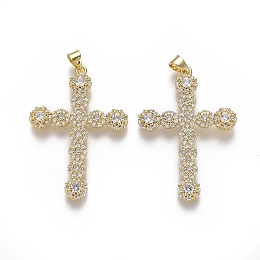 Honeyhandy Brass Micro Pave Cubic Zirconia Pendants, Cross, Clear, Real 18K Gold Plated, 39.5x27x3.5mm, Hole: 3x4.5mm