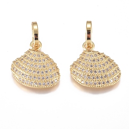 Honeyhandy Brass Micro Pave Cubic Zirconia Pendants, Long-Lasting Plated, Scallop, Clear, Golden, 20x19.5x4mm, Hole: 8x2mm