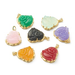 Honeyhandy Brass Micro Pave Clear Cubic Zirconia Pendants, with Dyed & Heated Natural Agate, Laughing Buddha, Golden, Mixed Color, 33.5x27x11mm, Hole: 3x3mm