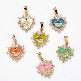 Honeyhandy Brass Clear Cubic Zirconia Pendants, with Enamel, Long-Lasting Plated, Real 18K Gold Plated, Heart and Eye, Mixed Color, 23x19x3mm, Hole: 2.5x6mm