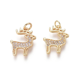 Honeyhandy Brass Charms, with Clear Cubic Zirconia and Jump Rings, Christmas Reindeer/Stag, Golden, 15x12x1.5mm, Hole: 2.5mm