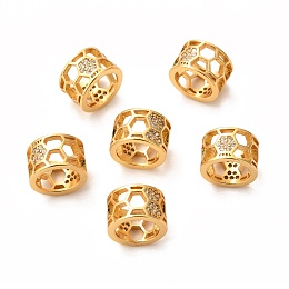 Honeyhandy Brass Micro Pave Clear Cubic Zirconia European Beads, Long-Lasting Plated, Large Hole Bead, Column with Hexagon, Real 18K Gold Plated, 10x6.5mm, Hole: 7mm