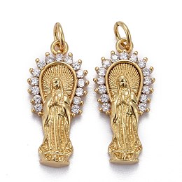 Honeyhandy Brass Micro Pave Clear Cubic Zirconia Pendants, Long-Lasting Plated, for Religion, with Jump Rings, Virgin Mary, Real 18K Gold Plated, 23x10.5x3.5mm