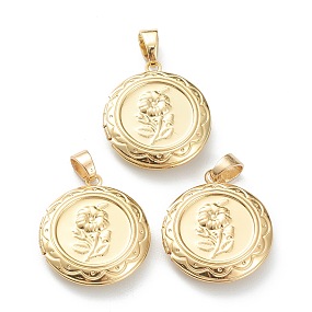 Honeyhandy Brass Locket Pendants, Photo Frame Pendants for Necklaces, Flat Round with Flower, Real 18K Gold Plated, 22.5x20x4.5mm, Hole: 4.5x3mm, 14mm Inner Diameter