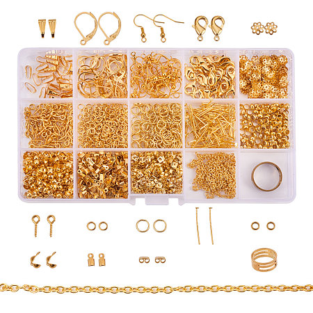 PandaHall Elite About 1642 Pcs Jewelry Finding Kits with Snap Bail, Earring Hook, Ear Wire, Lobster Claw Clasp, Flower Bead Caps, Screw Eye Pin, Head Pin, Jump Ring, Crimp Beads, Cord End, Necklace Chain