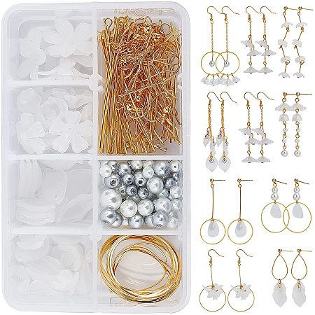 SUNNYCLUE 1 Box DIY 10 Pairs Acrylic Flower Dangle Earring Jewelry Making Kits Include White Acrylic Petal Beads Caps Pendants Pearl Beads Earring Hooks Jewelry Findings Supplies