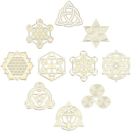 SUNNYCLUE 1 Box 10 Styles Chakra Stickers Flower of Life Sacred Geometry Sticker Hollow Brass Energy Star of David Self Adhesive for Healing Crystal Epoxy Resin Scrapbook Phone Decorations, Golden