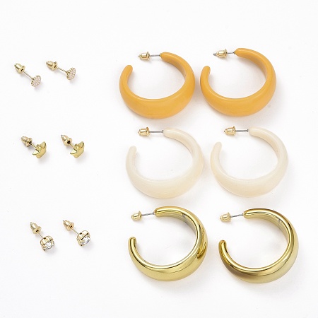 ARRICRAFT Ring & Daisy & Star & Square Rhinestone Stud Earrings, Resin Half Hoop Earrings, Open Hoop Earrings for Women, Golden, Mixed Color, 6~38.5x6~16mm, Pin: 0.7~0.8mm, 6 pairs/set