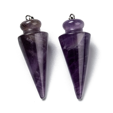 Honeyhandy Natural Amethyst Pendants, with Platinum Brass Findings, Cone, 40~44x15~16mm, Hole: 3x7mm