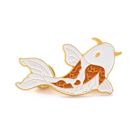 Honeyhandy Cyprinoid Enamel Pin, Exquisite Animal Alloy Enamel Brooch for Backpack Clothes, Golden, White, 27x49x10mm, pin: 1mm