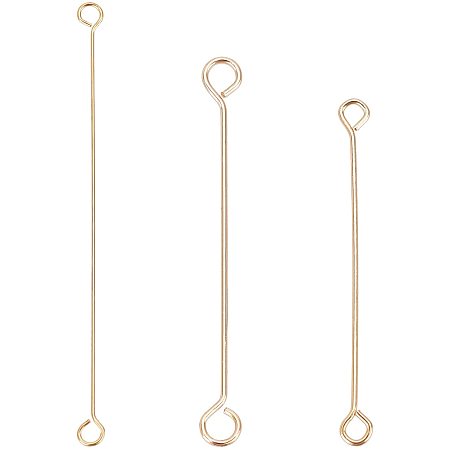BENECREAT 120PCS 18K Real Gold Plated Double Sided Eye Pins 0.1/0.3mm Open Eye pins(3 Mixed Size) for DIY Jewelry Making Findings-(25-35mm Long)