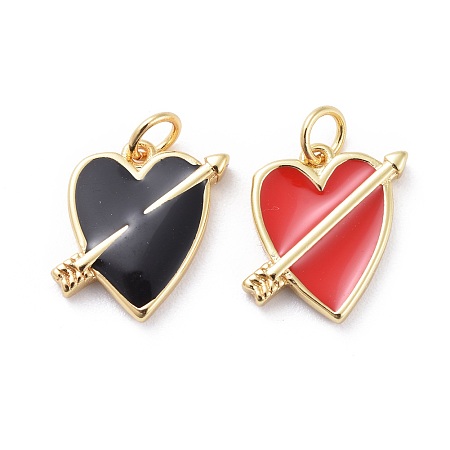 Enamel Charms, with Brass Findings, Valentine's Day Hheme, Heart with Arrow, Golden, Mixed Color, 12.5x12x2mm, Hole: 2.5mm