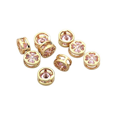 NBEADS 10 Pcs Real Gold Plated Brass Rhinestone Beads, Flat Round with Clover Pattern, Light Rose, 8x4mm, Hole: 2x6mm