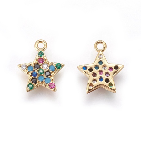 Brass Cubic Zirconia Charms, Star, Colorful, Golden, 13x11x2mm, Hole: 1mm