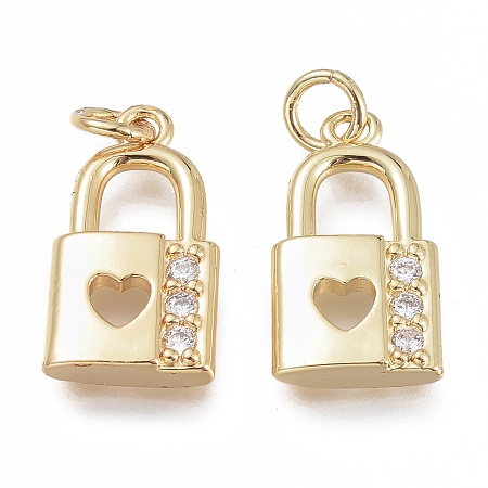 Honeyhandy Brass Micro Pave Clear Cubic Zirconia Pendants, with Jump Ring, Lock with Heart, Real 18K Gold Plated, 18x10x3.5mm, Hole: 3mm, Jump Ring:5x0.8
