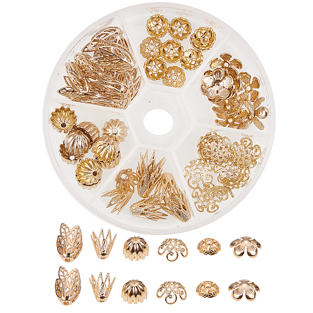 PandaHall Elite About 60 Pcs Brass Flower Petal Filigree Bead Caps 6 Styles for Jewelry Making Golden