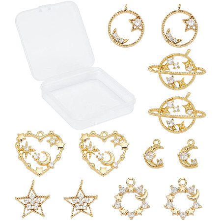 SUNNYCLUE 1 Box 6 Styles 12Pcs 18K Gold Plated Heart Rhinestone Charms Moon Star Brass Cubic Zirconia Pendants Planet Dangles for Women Adults DIY Jewelry Making Earring Bracelet
