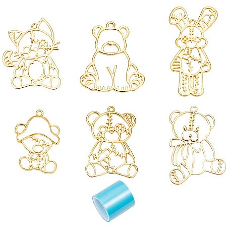 Arricraft 12 pcs 6 Shapes Alloy Open Bezel Charm Pressed Bear Blank Frame Hollow Mould Pendants with Seamless Paper Tape for DIY UV Epoxy Resin Crafts Jewelry Making Golden