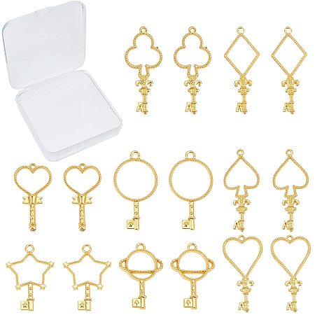 SUNNYCLUE 1 Box 16Pcs 8 Styles Alloy Open Back Bezel Pendants Key Heart Star Playing Card Hollow Frame Charms for UV Resin Crafts Jewelry Making