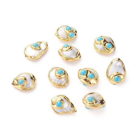Honeyhandy Natural Cultured Freshwater Pearl Beads, with Golden Plated Brass Edge and Natural Turquoise, Mixed Shapes, Golden, 22~27x18~21x11~16mm, Hole: 0.7mm