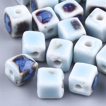 Honeyhandy Handmade Porcelain Beads, Fancy Antique Glazed Porcelain, Cube, Light Sky Blue, 8x7.5~8x7.5~8mm, Hole: 1.5~2mm