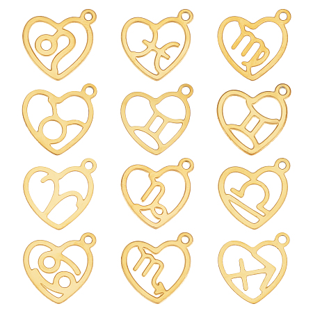 SUNNYCLUE 24Pcs 12 Style 304 Stainless Steel Pendants, Laser Cut, Heart with Constellation, Real 18K Gold Plated, 15.5x12.5x0.6mm, Hole: 1.5mm, 2pcs/style