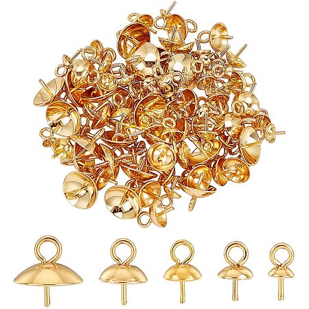 UNICRAFTALE About 100pcs 5 Sizes Stainless Steel Cup Pearl Peg Bails Golden Screw Eye Pins Clasps Hooks 0.7mm Pin Eye Screws Connectors Vacuum Plating for Half Drilled Beads Jewelry Making