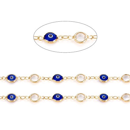 ARRICRAFT Handmade Brass Link Chains, with Glass & Cubic Zirconia, Soldered, Long-Lasting Plated, Flat Round with Evil Eye, Golden, 13x6.5~7x3mm, about 32.8 Feet(10m)/roll