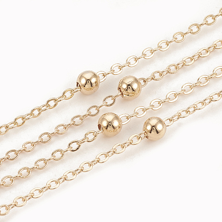 Honeyhandy Brass Cable Chains, Satellite Chains, with Round Beads, Soldered, Flat Oval, Real 18K Gold Plated, 2x1.5x0.2mm