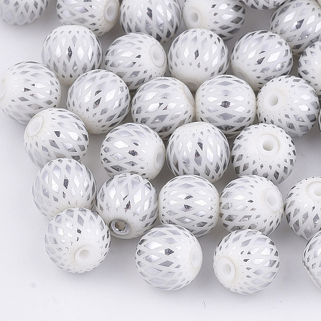 Honeyhandy Electroplate Glass Beads, Round with Rhombus Pattern, Silver, 8~8.5mm, Hole: 1.5mm