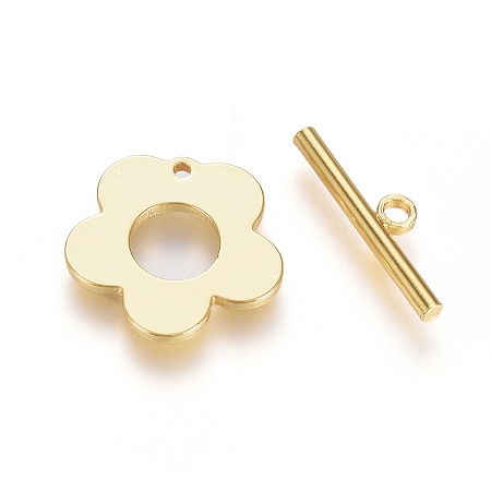 Honeyhandy Brass Toggle Clasps, Long-Lasting Plated, Flower, Real 18K Gold Plated, Flower: 13x13.5x1mm, Hole: 1mm, Bar: 15x4x1.5mm, Hole: 1.4mm