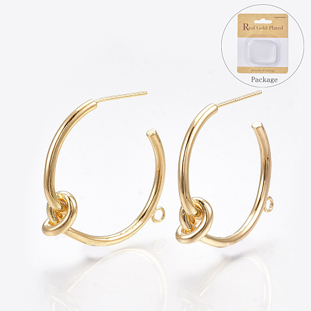Arricraft Brass Stud Earring Findings, Half Hoop Earrings, Knot, Nickel Free, Real 18K Gold Plated, 29x27x7mm, Hole: 1.6mm, Pin: 0.7mm