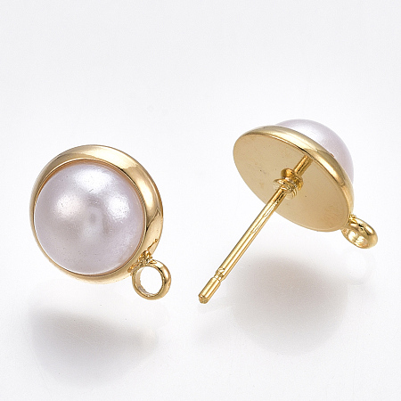 Honeyhandy Brass Stud Earring Findings, with Loop, 925 Sterling Silver Pins & ABS Plastic Imitation Pearl, Half Round, Real 18K Gold Plated, 12.5x10mm, Hole: 1.8mm, Pin: 0.8mm