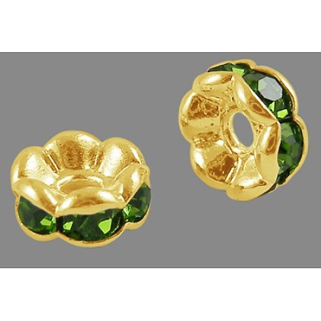Honeyhandy Brass Rhinestone Spacer Beads, Grade A, Wavy Edge, Golden Metal Color, Rondelle, Peridot, 8x3.8mm, Hole: 1mm