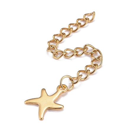 Honeyhandy 304 Stainless Steel Chain Extender, Curb Chain, with 202 Stainless Steel Charms, Starfish, Golden, 60~71mm, Link: 3.7x3x0.5mm, Starfish: 11x8.5x0.6mm