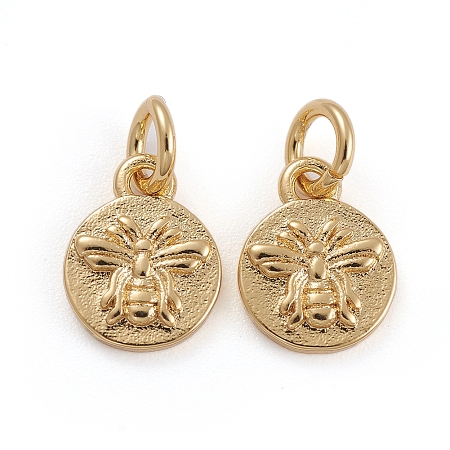 Honeyhandy Brass Charms, with Jump Rings, Flat Round with Bees, Golden, 10x8x1.5mm, Hole: 3mm