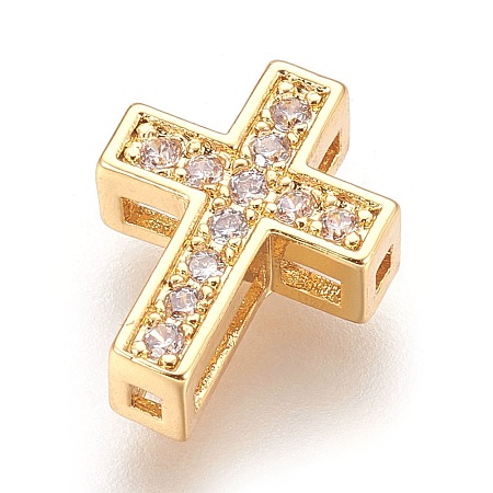 Honeyhandy Brass Micro Pave Cubic Zirconia Beads, Cross, Clear, Real 18K Gold Plated, 13x10x4mm, Hole: 1mm
