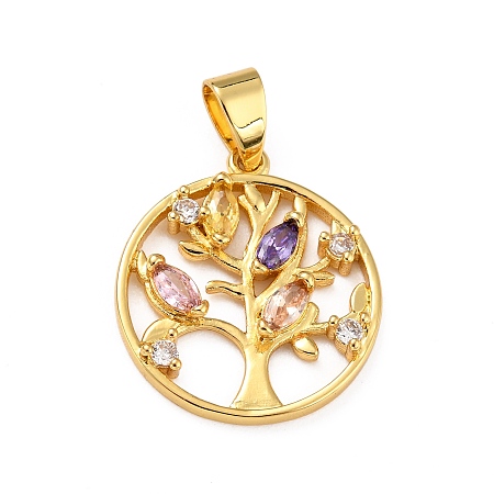 Honeyhandy Brass Micro Pave Colorful Cubic Zirconia Pendants, Flat Round with Tree, Real 18K Gold Plated, 22.5x19.5x3mm, Hole: 6x3mm