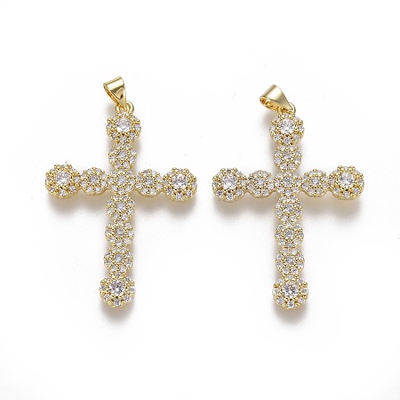 Honeyhandy Brass Micro Pave Cubic Zirconia Pendants, Cross, Clear, Real 18K Gold Plated, 39.5x27x3.5mm, Hole: 3x4.5mm